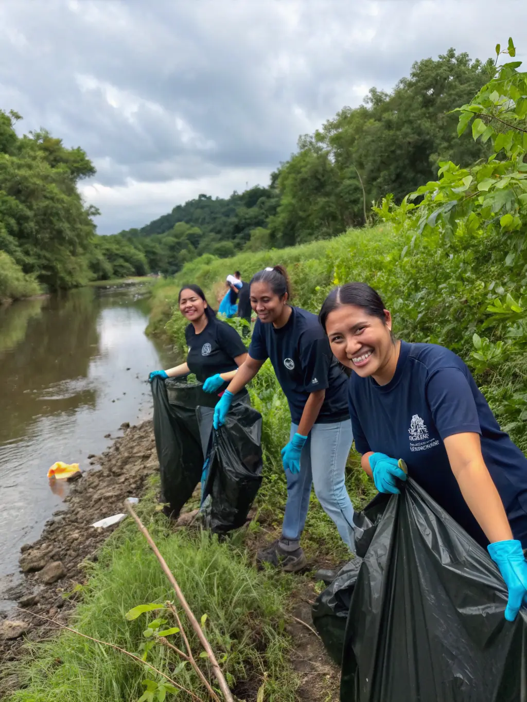 A picture of volunteers cleaning up a riverbank, removing plastic waste and debris, demonstrating community involvement in conservation efforts.