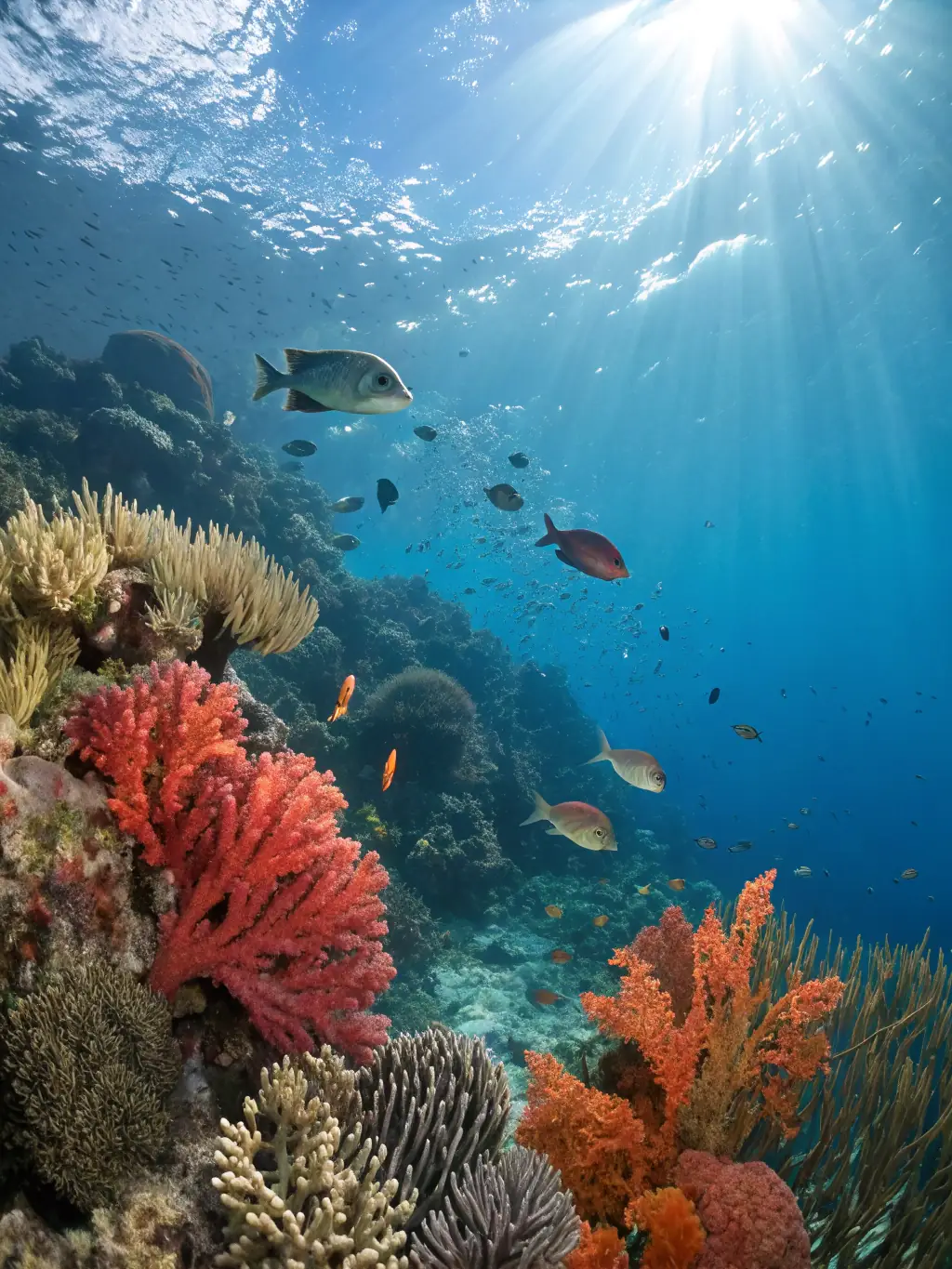 A vibrant coral reef teeming with diverse marine life, showcasing the positive impact of conservation efforts on marine biodiversity.