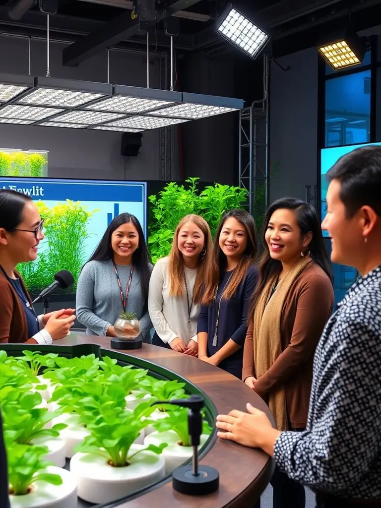 A dynamic image of past Magic Garden winners being interviewed on a national news program, highlighting their innovative hydroponic garden and its positive impact on their community.